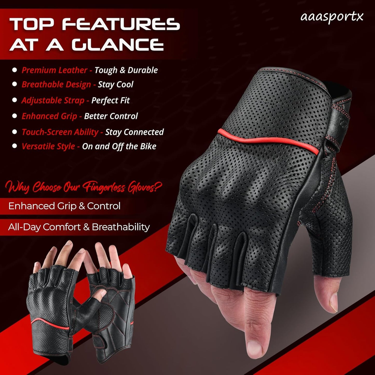 aasportx Motorcycle Gloves - Men's Leather Motorbike Gloves with Touchscreen Function - Non-Slip Pads for Men & Women