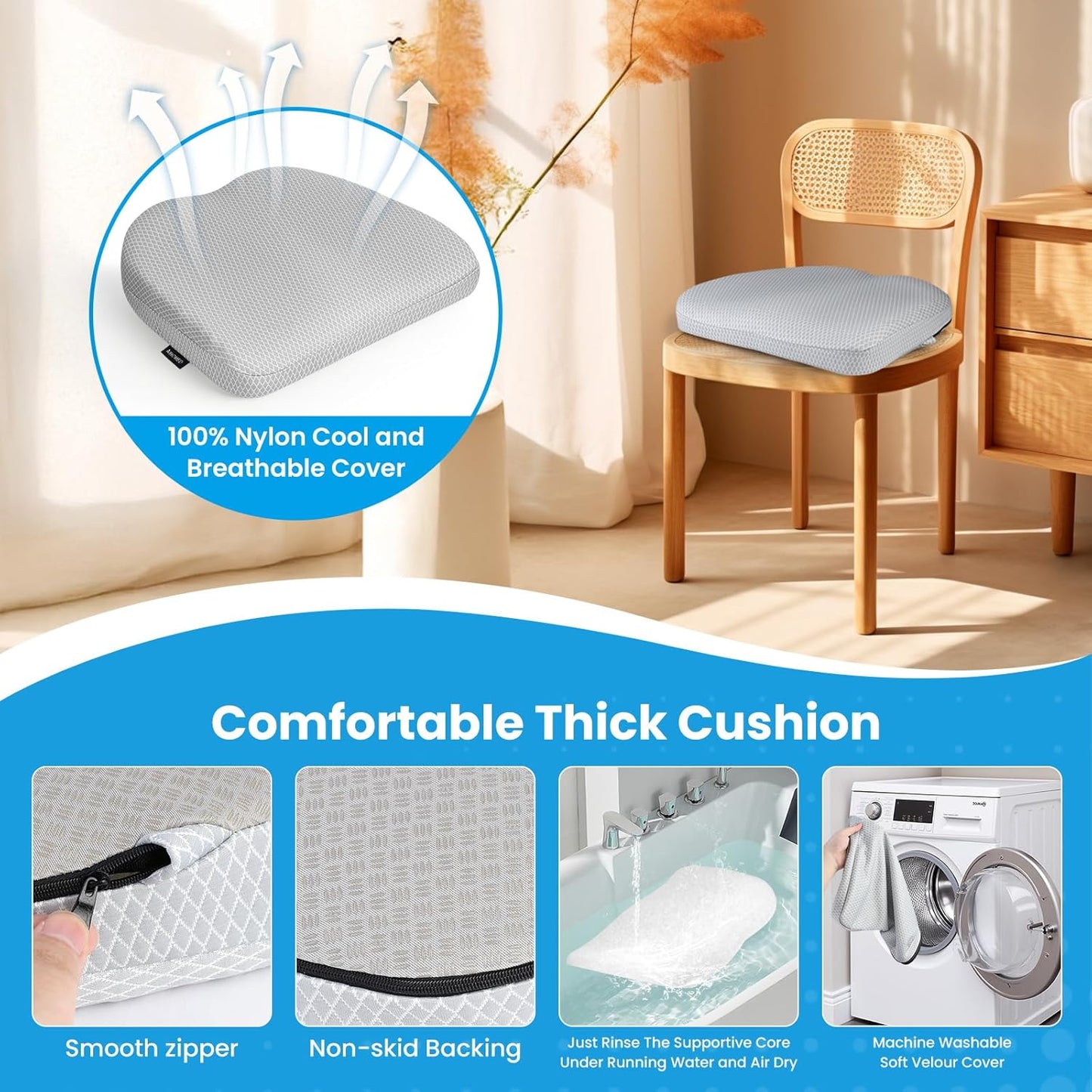 Office Chair Cushion - Breathable Pressure Relief Seat Cushion with Hours Sitting on Gaming/Car/Wheelchair, Extra-Dense Air Fiber for Orthopedic Coccyx, Sciatica & Hip Support (Light Gray)
