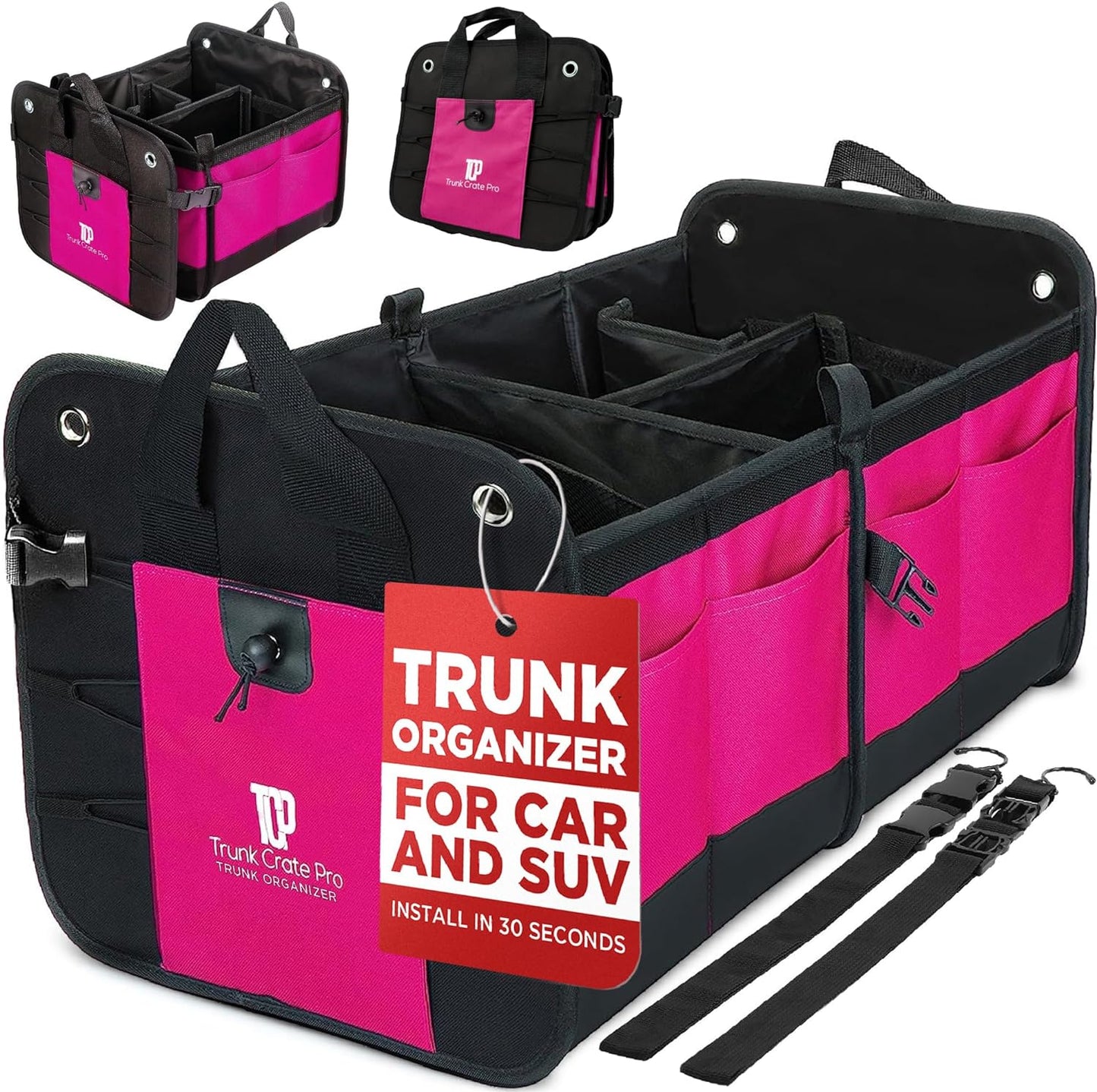 TRUNKCRATEPRO Pink Car Accessories For Women, Trunk Organizer For Car, Suv, Jeep Premium Adjustable Multi Compartments Collapsible (Large Capacity)