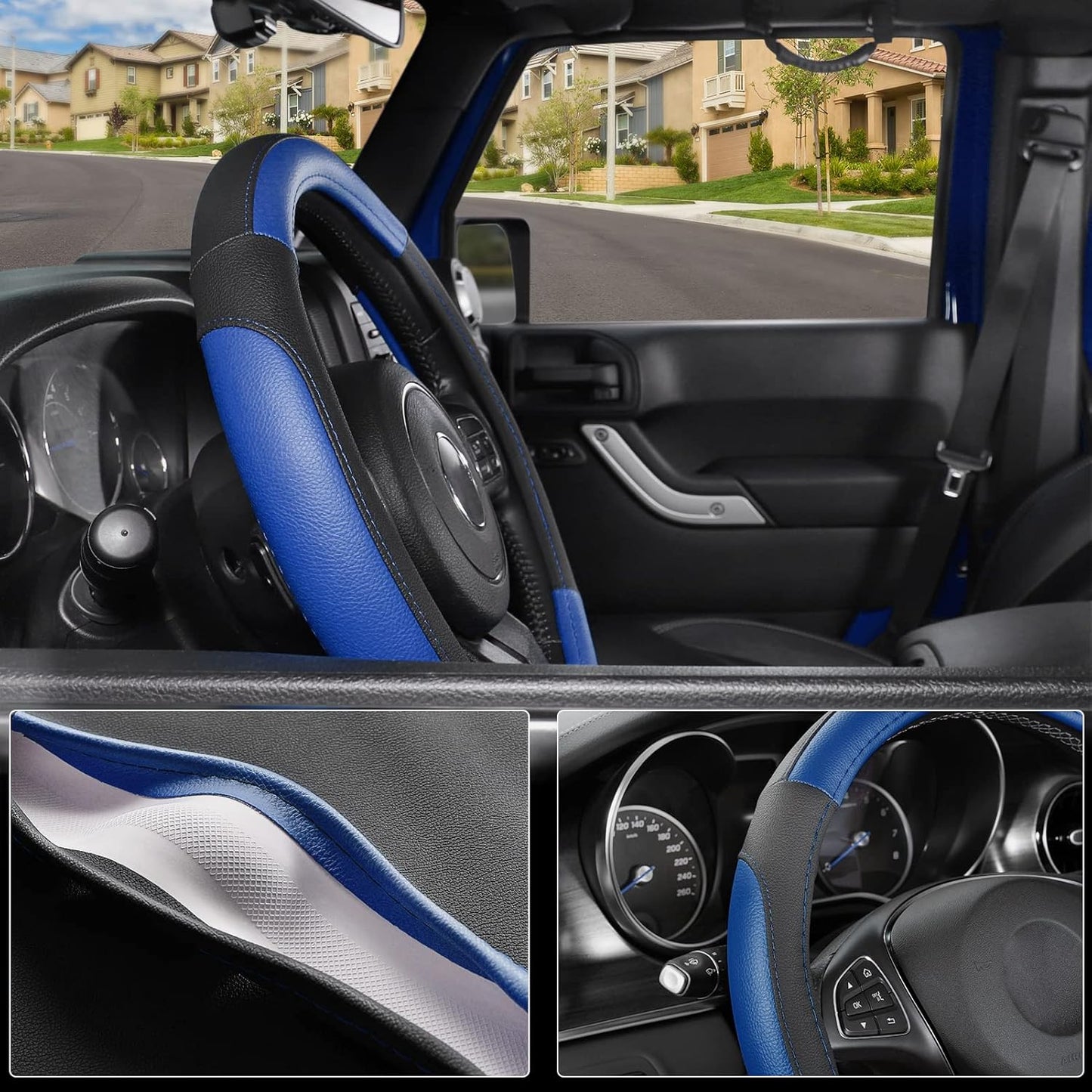 SEG Direct Car Steering Wheel Cover for F-150 Tundra Range Rover 15.5-16 inch, Black and Blue Microfiber Leather
