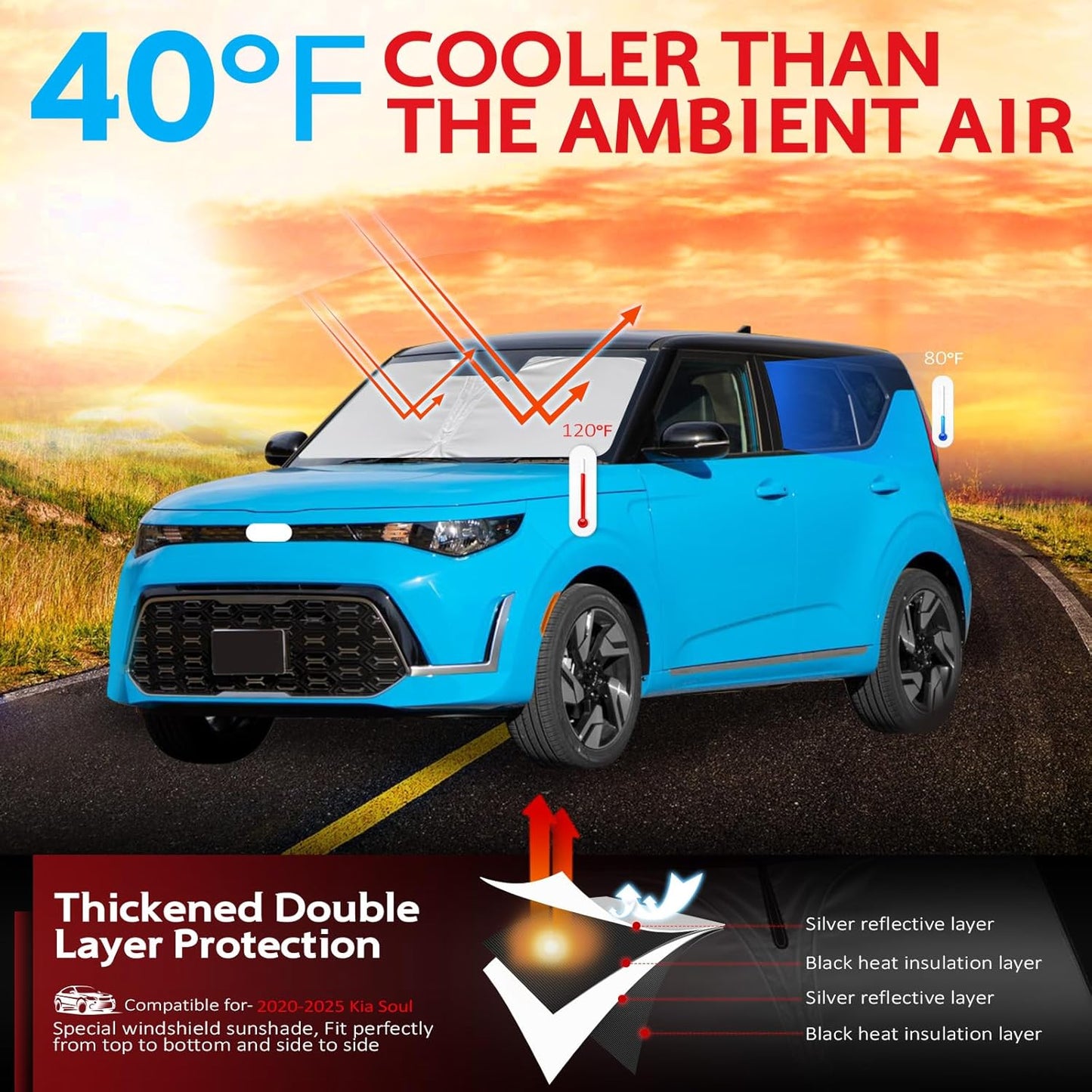 KAYZT Windshield Sun Shade for 2020-2025 Kia Soul Foldable Sunshade Front Window Custom Fit Car Accessories