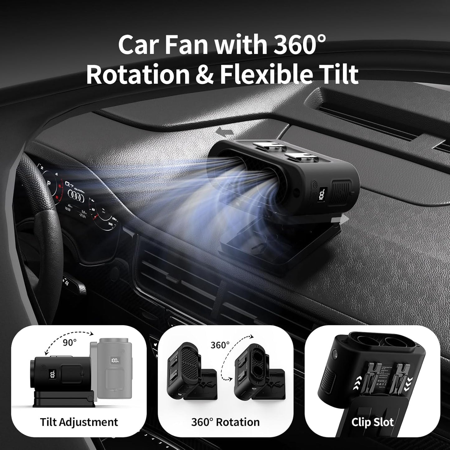 Socool Portable Car Fan - 14500mAh Rechargeable Battery Opearated, Clip on Car Seat Headrest 360 Rotatable, 5-Speed Backseat Fans for Baby Rear Facing Cooling with Dual Air Outlets for SUV RV Truck