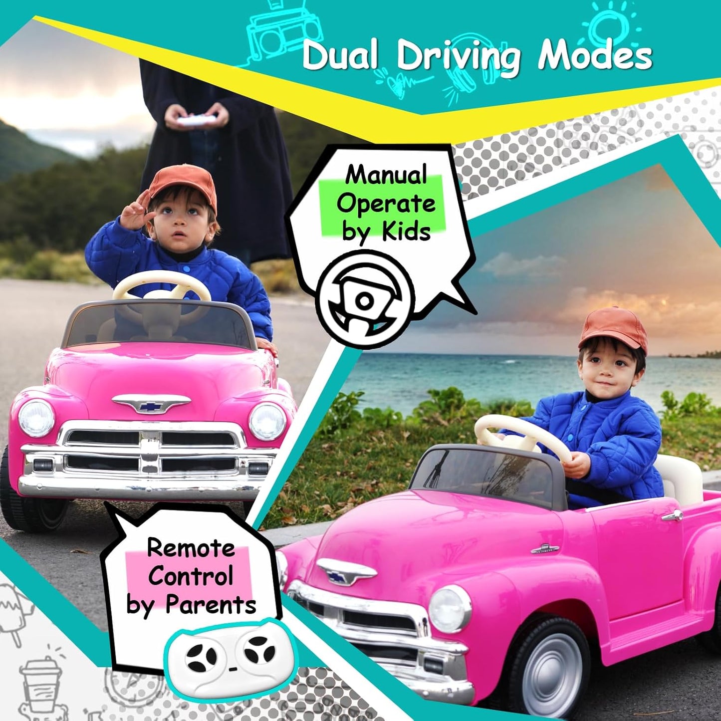 Joywhale 12V Kids Ride on Car Licensed Chevrolet 3100 Pickup Battery Powered Motorized Electric Car, with 7AH Big Battery, 2.4G Remote Control, 3-Speeds, Storage Space, Music, Retro Style, Pink