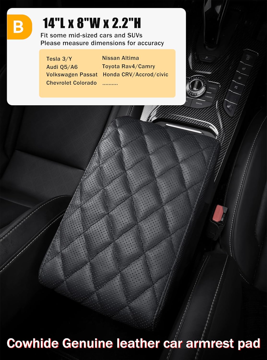 Car Center Console Cover pad Genuine Cowhide Leather,Black Armrest Box mat, Vehicle Arm Rest Cushion Protector,Memory Foam true cow Leather (sizeB 14 x 8 x 2.2 inch(midsize cars and SUVs)