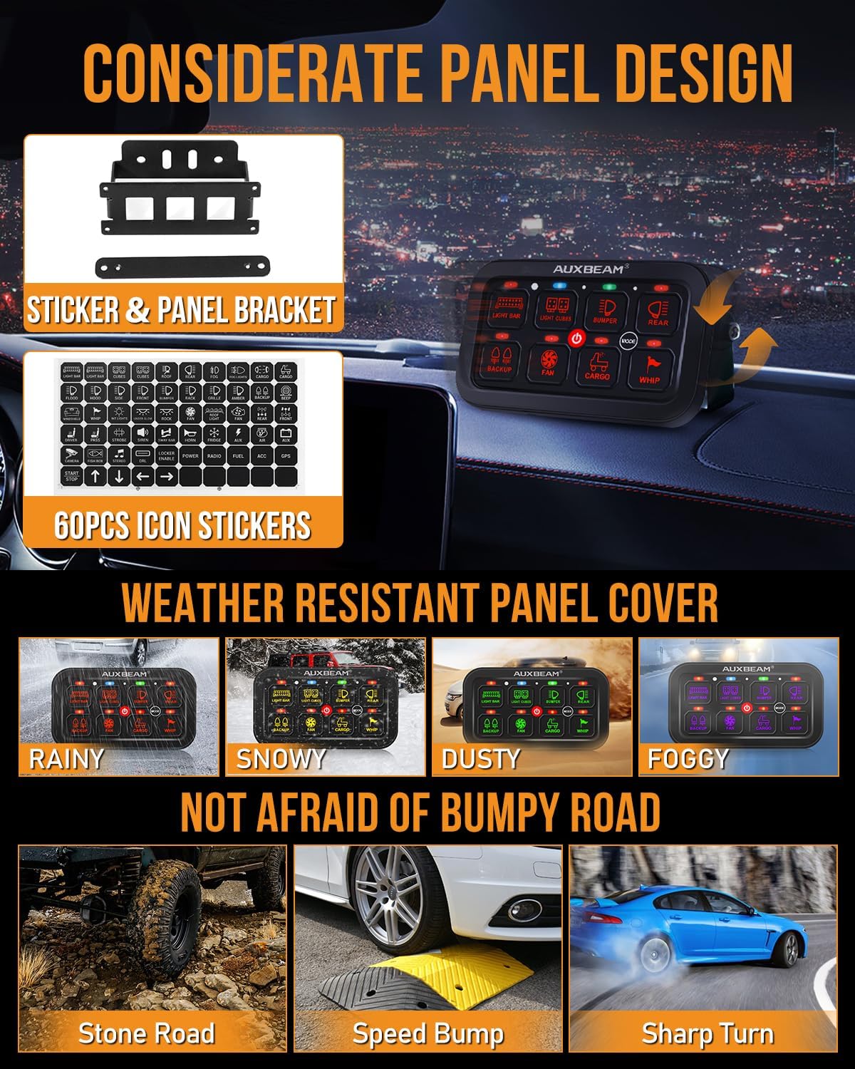 Auxbeam 8 Gang Switch Panel RA80 Toggle Momentary Pulsed RGB Dimmable Multifunction Switch Panel Easy Installation Marine Switch Pod IP65 Waterproof for Car Boat RV, 2 Years Warranty