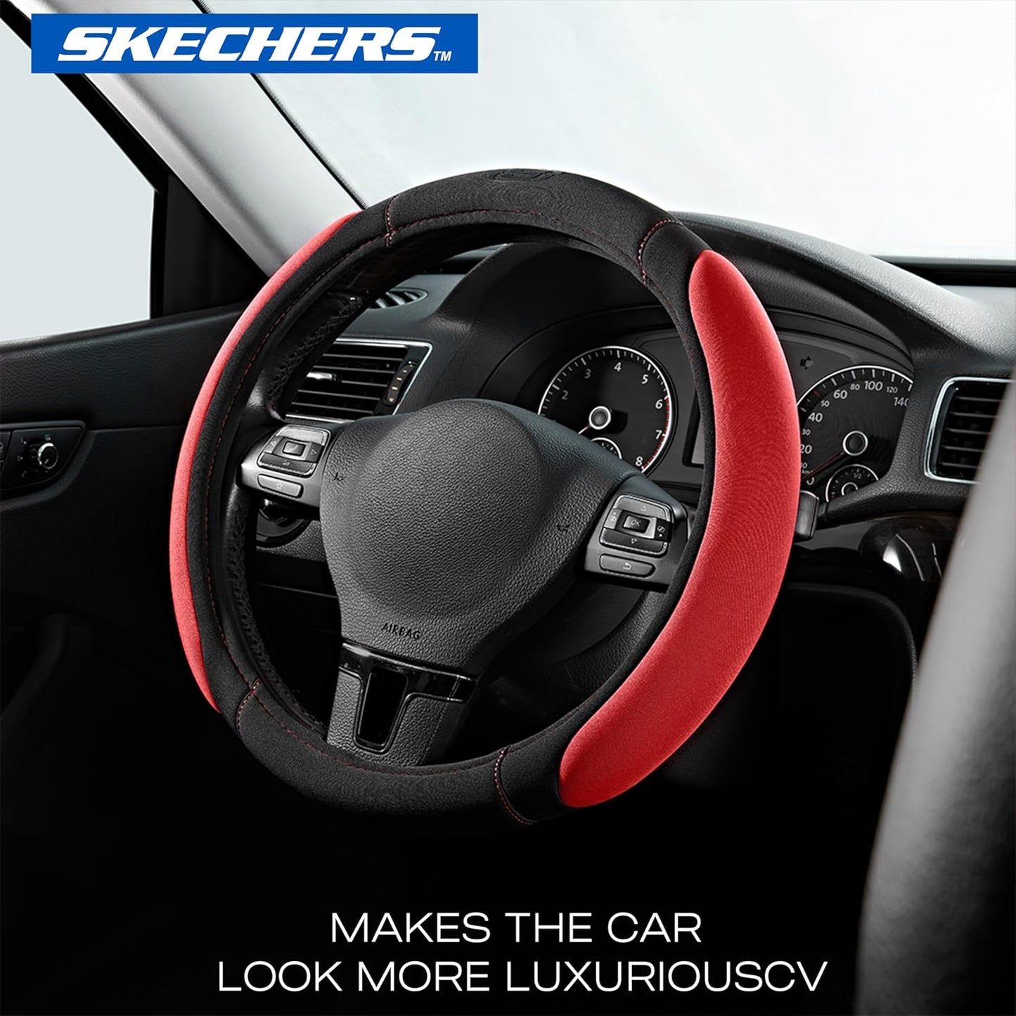 Skechers Steering Wheel Cover,Memory Foam Car Steering Wheel Cover,14.5-15inch Anti-Slip Safety Comfortable Desgin, Universal Accessory for Diverse Cars, Truck,SUV (Black & Red)