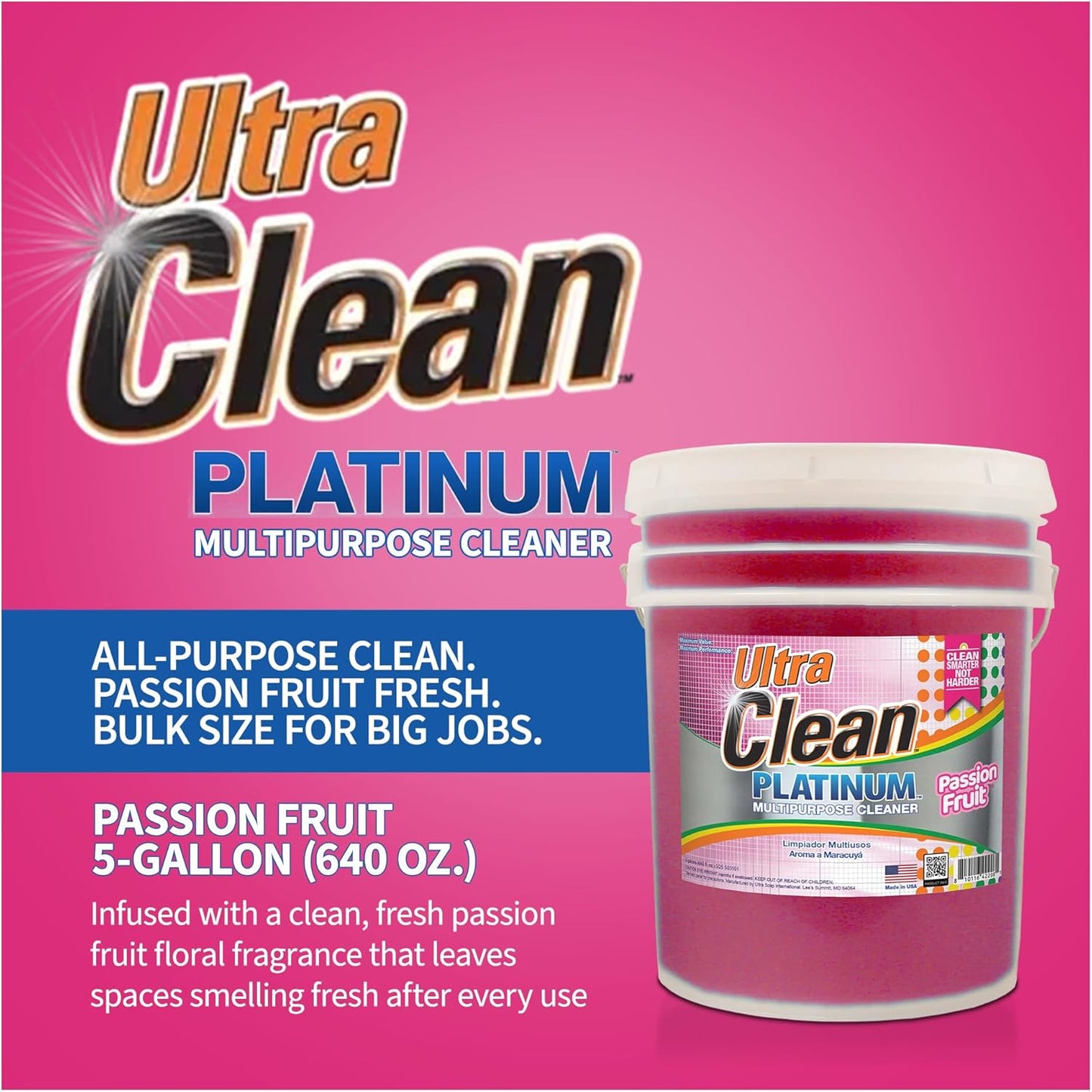 Ultra Clean Platinum Multipurpose Cleaner, Non-Abrasive and Bleach-Free, for Kitchen Counters, Bathroom Floors and Garage Spaces, Passion Fruit, 5 Gal