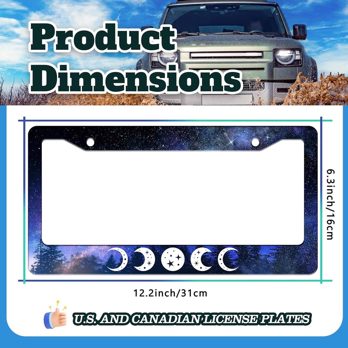 Moon Phases License Plate Frame Starry Sky Forest Moon License Plate Holder for Front or Rear Car Tags Stainless Steel Funny Car Decoration with Screws 6.3 X 12.2 in