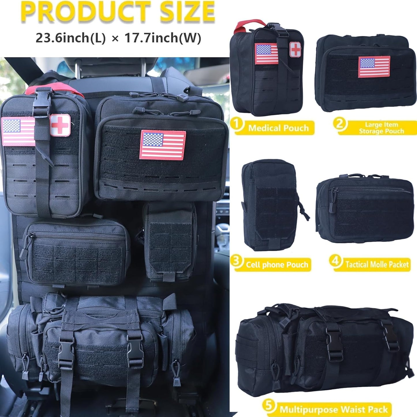 Universal Tactical Seat Back Organizer Vehicle Molle Panel Organizer Storage Bag with 5 Detachable Molle Pouch for All Vehicel Such as Jeep,Truck,SUV, Car, Ford,Chevy etc