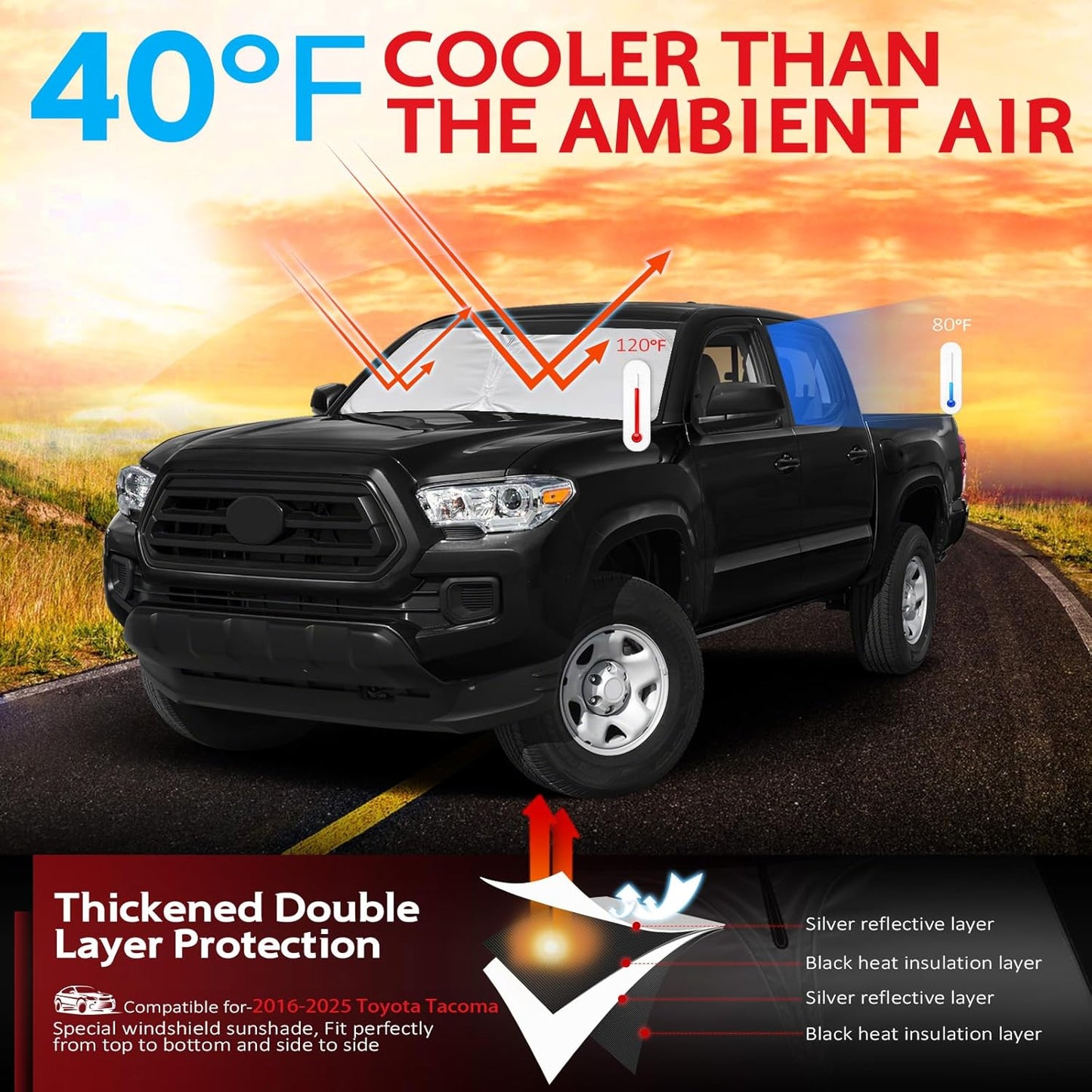 KAYZT Windshield Sun Shade for Toyota Tacoma 2016-2025 Foldable Sunshade Front Window Custom Fit Accessories