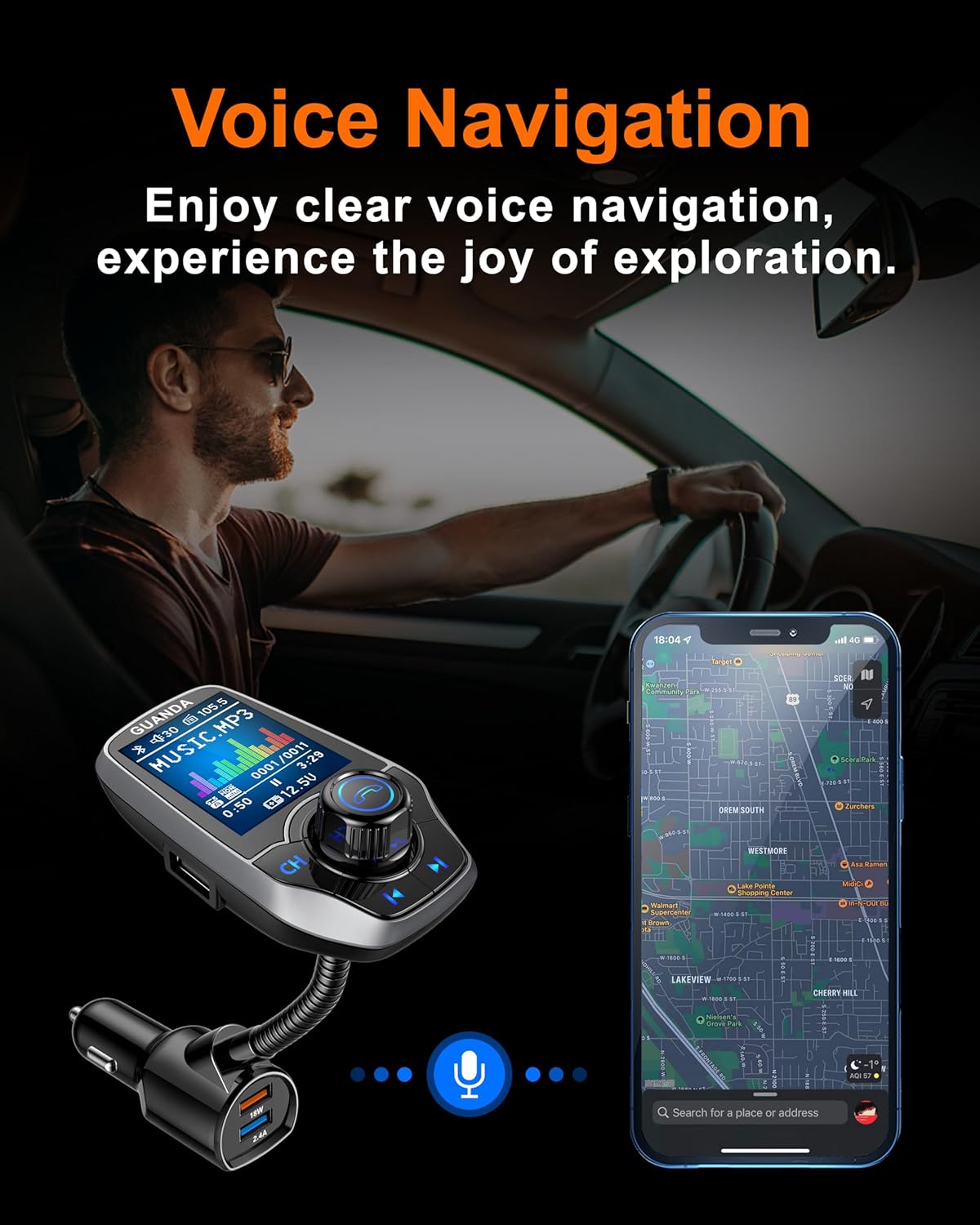 Upgraded Bluetooth FM Transmitter for Car, Wireless Radio Adapter Kit W 1.8" Color Display Hands-Free Call AUX in/Out SD/TF Card USB Fast Charging 18W for All Smartphones Audio Players - Pewter