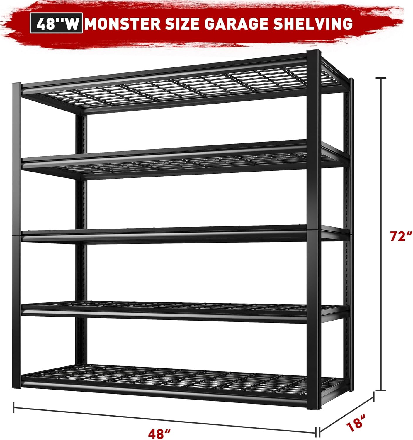 REIBII 48" W Garage Shelving Heavy Duty Load 2500LBS, 5 Tier Storage Shelves, Adjustable Metal Shelves for Warehouse, Pantry, Basement, 48" W X 72" H X18 D
