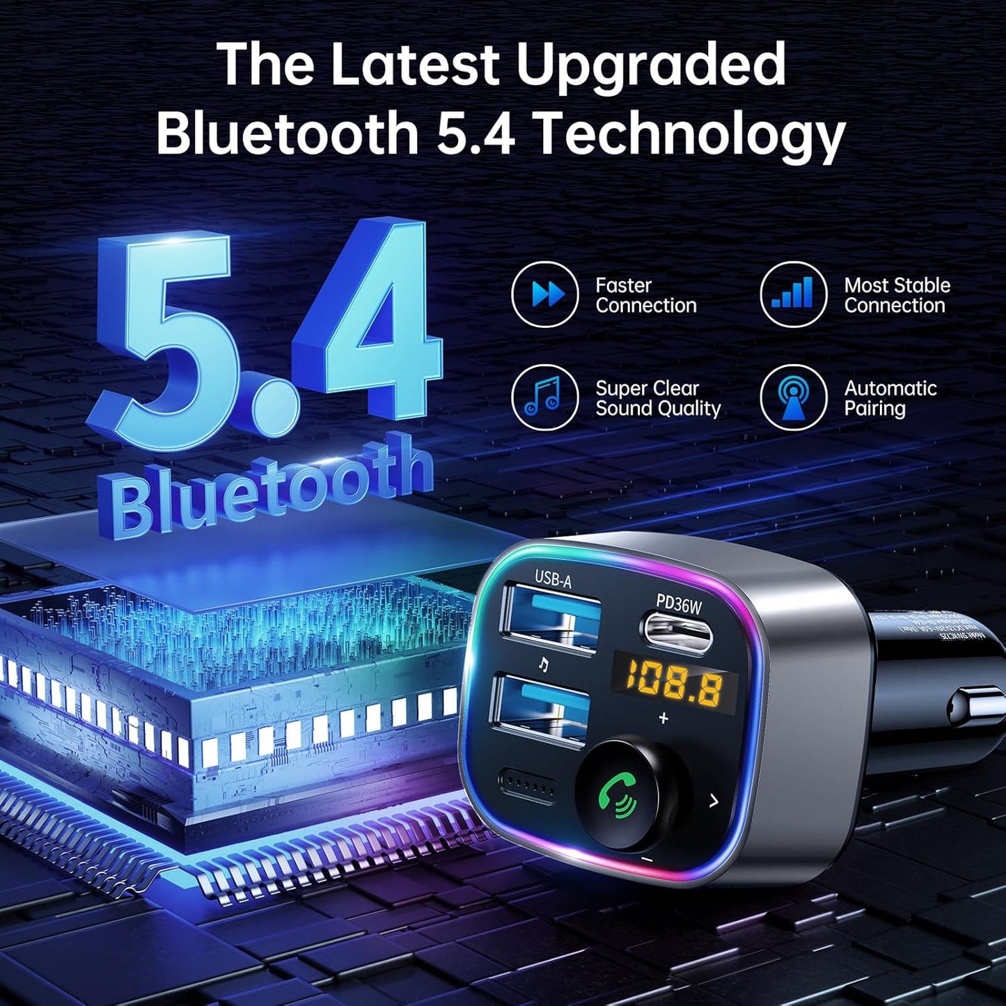 Syncwire Bluetooth 5.3 FM Transmitter Car Adapter 48W(PD 36W & 12W) [Light Switch] [Hi-Fi Deep Bass] [Fast Charging] Wireless Radio Music Adapter LED Display Hands-Free Calling Support USB Drive