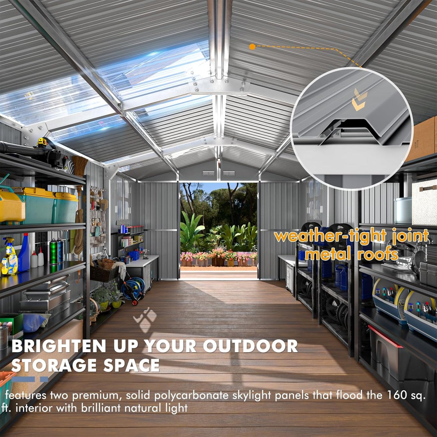 Metal Shed 10x16 FT Large with Customizable Skylight and Reinforced Steel Frame, Heavy-Duty Galvanized Steel Big Garden Sheds with Lockable Doors,4 Pane Windows, Large Utility Tool Sheds