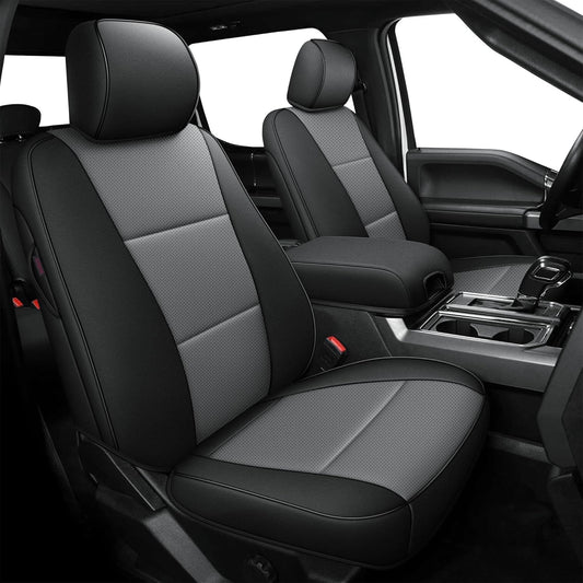 AOMSAZTO Front Seat Covers for Ford F150 XL XLT: 2015-2024 SuperCrew & F250 F350 F450 2017-2024 Super Duty Crew Cab XL XLT Faux Leather Full Set Seat Cover (Black + Grey, 2PCS Front)