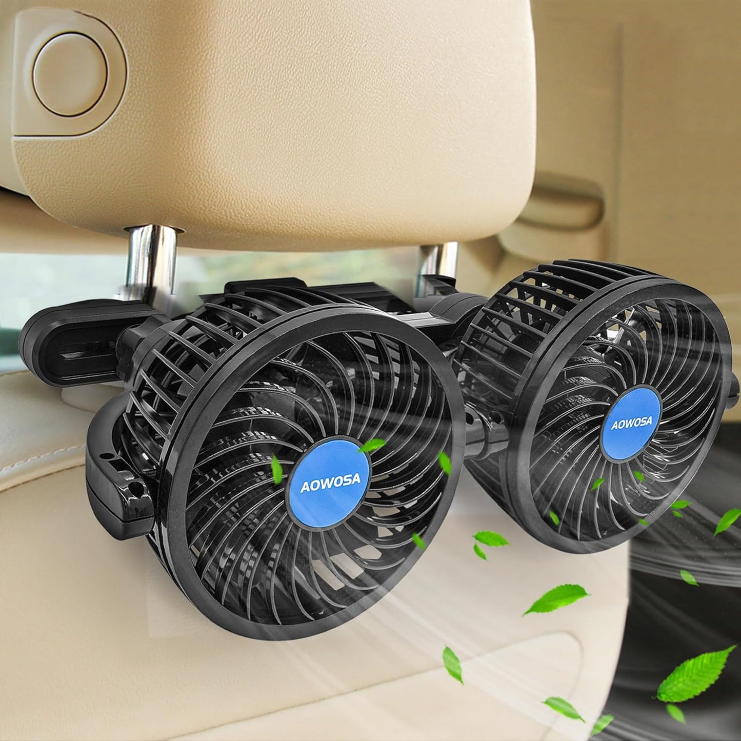 Car Fan for Backseat Auto 12V Electric Cooling Fan Portable Car Seat Headrest for Sedan SUV RV Boat, with 360° Rotatable Dual Head, Stepless Speed Regulation, Cigarette Lighter Plug