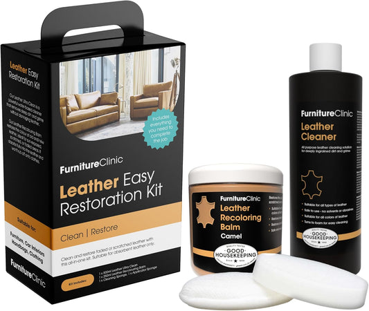 Furniture Clinic Leather Easy Restoration Kit | with Leather Recoloring Balm, Cleaner, Sponge, and Cloth | Leather Repair Kit for Scratched and Faded Furniture (Camel)