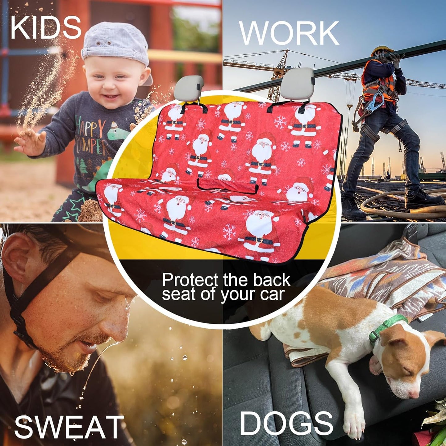 Back Seat Cover for Car Trucks Van SUV,Waterproof Rear Bench Towel Seat Covers for Dogs and Kids,Automotive Backseat Protector (Santa Claus)
