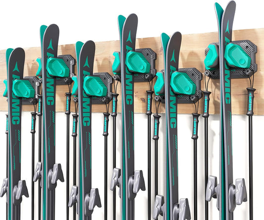 Ski & Snowboard Wall Rack for Garage Wall Fits Any Ski/board, Ski Wall Mount Holders Damage-Free Storage Rack, Garage Organization Space-Saving Winter Gear Organizer, Green, 6 Pack