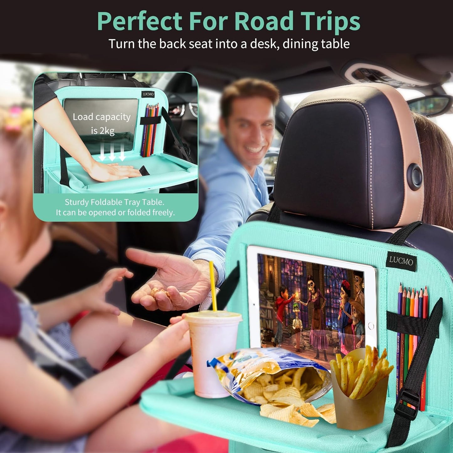 LUCMO Car Backseat Organizer with Tablet Holder,6 Storage Pockets Car Storage Organizer with Foldable Food Tray,Seat Protectors Kick Mats Travel Accessories-Light Blue