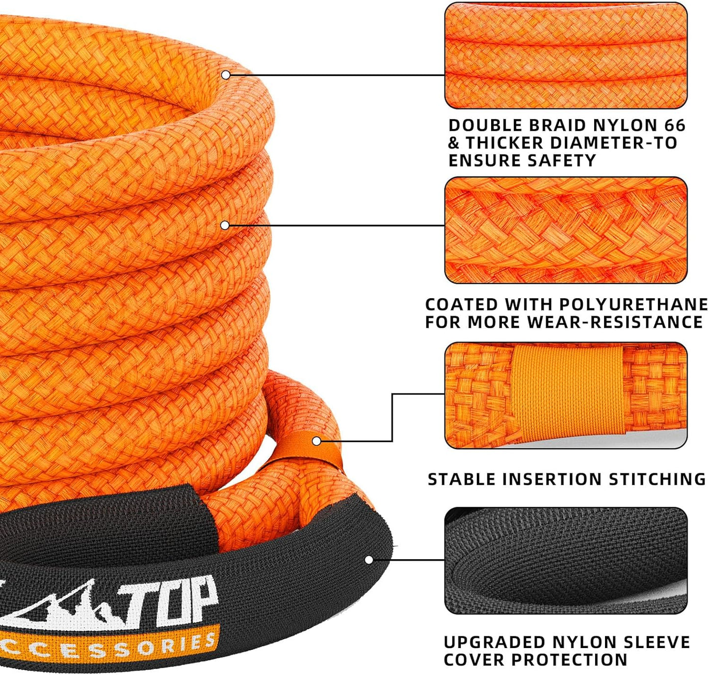 ALL-TOP Kinetic Recovery Rope Kit w/ 2 Soft Shackles, 48000Lbs, 1in x 20ft, Heavy Duty 30+% Elasticity, 16000Lbs Work Load Limit