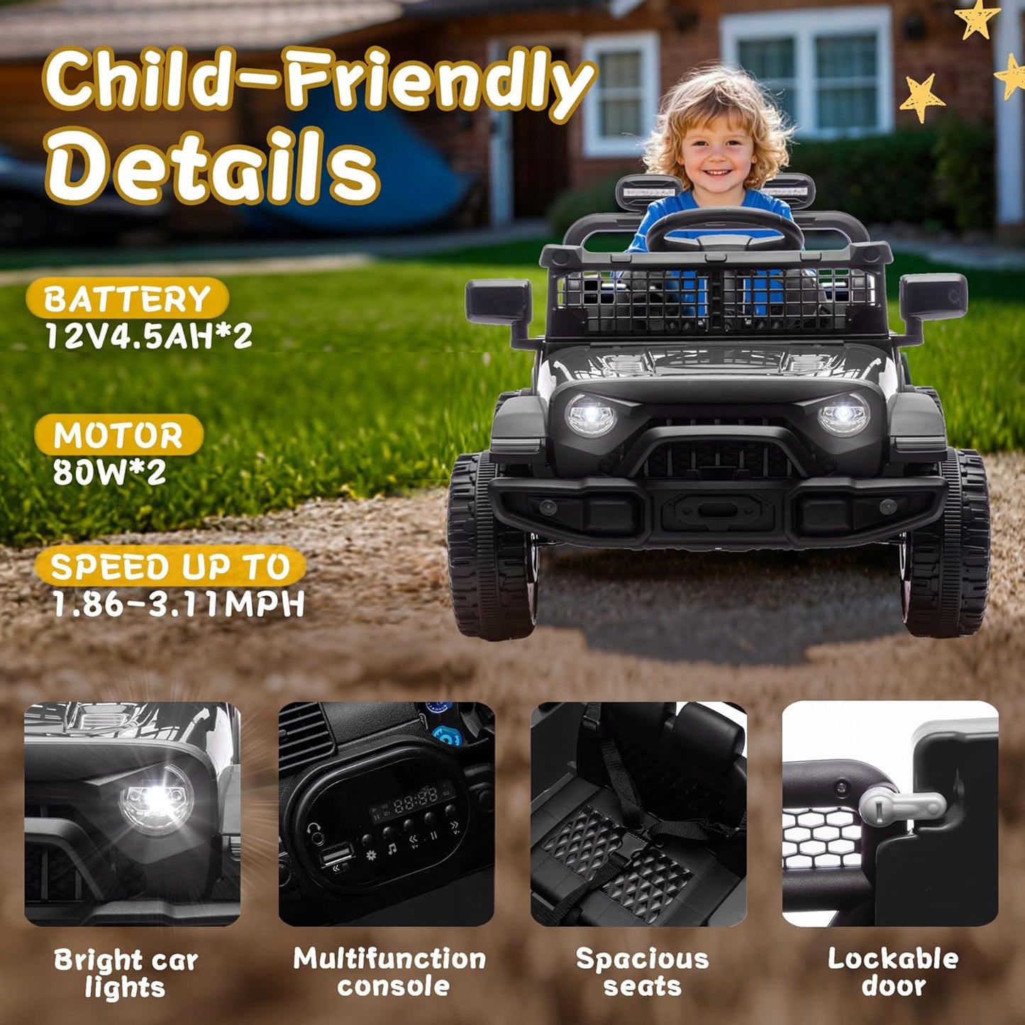 24V Ride on Toys with Parents Control, Ride on Truck Car with Four-Wheel Suspension, Electric Vehicles for Kids, Power Display, Bluetooth, MP3, Music, LED Headlight, 1.86-3.11MPH (Black)