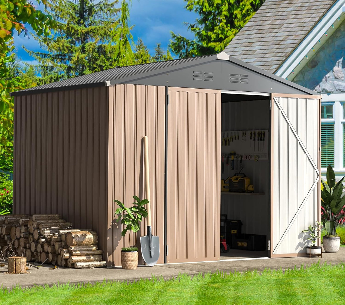 AECOJOY 8' x 6' Metal Storage Shed for Outdoor, Steel Backyard 6x8 Sheds & Outdoor Storage with Lockable Doors, Utility and Tool Storage for Garden, Backyard, Patio, Outside use