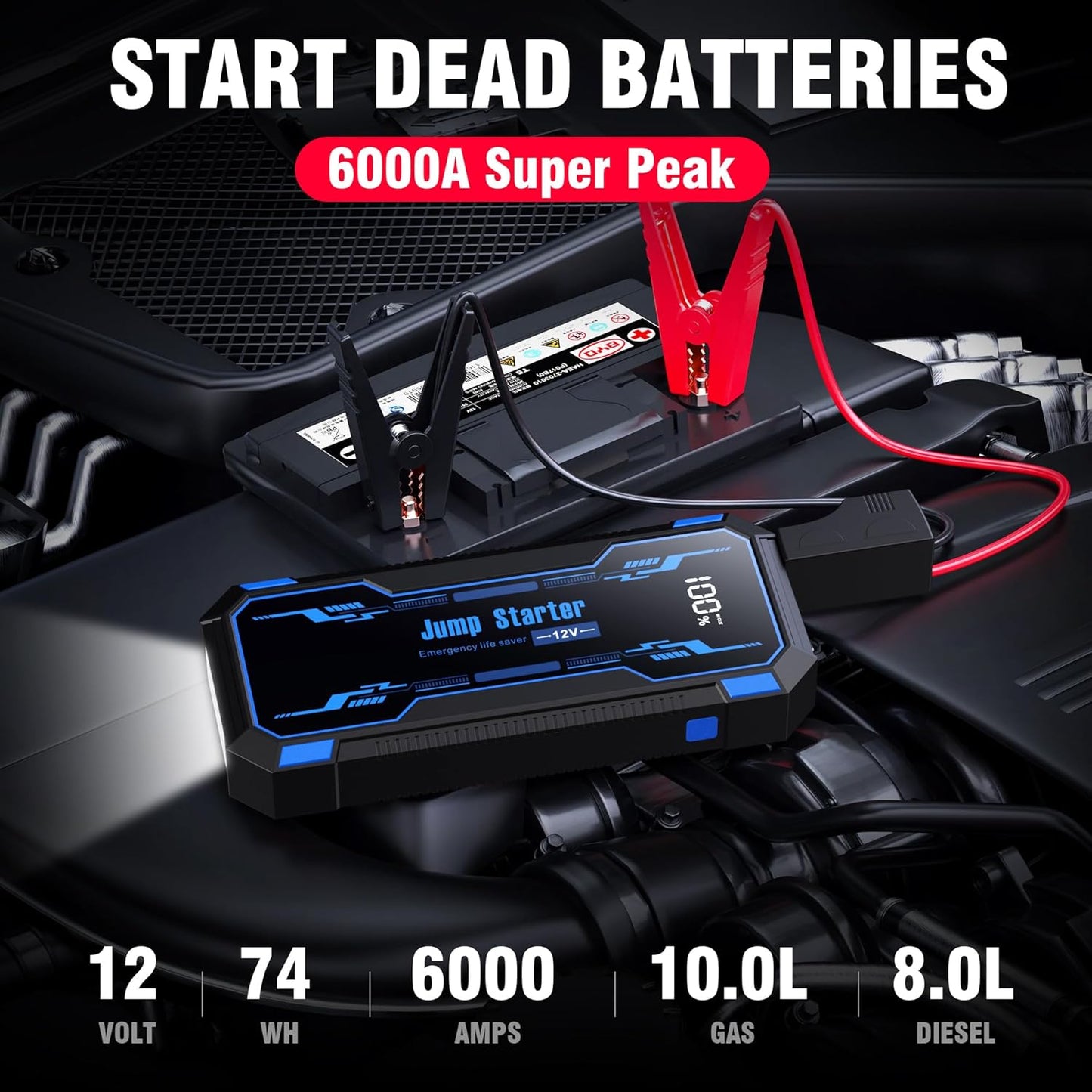 Car Jump Starter 6000A Car Battery Jump Starter Portable,12V Battery Jumper Starter Portable(10.0L Gas/8.0L Diesel),LCD Display Jump Box Jump Starter Battery Pack with Jumper Cable & Flashlight-Blue
