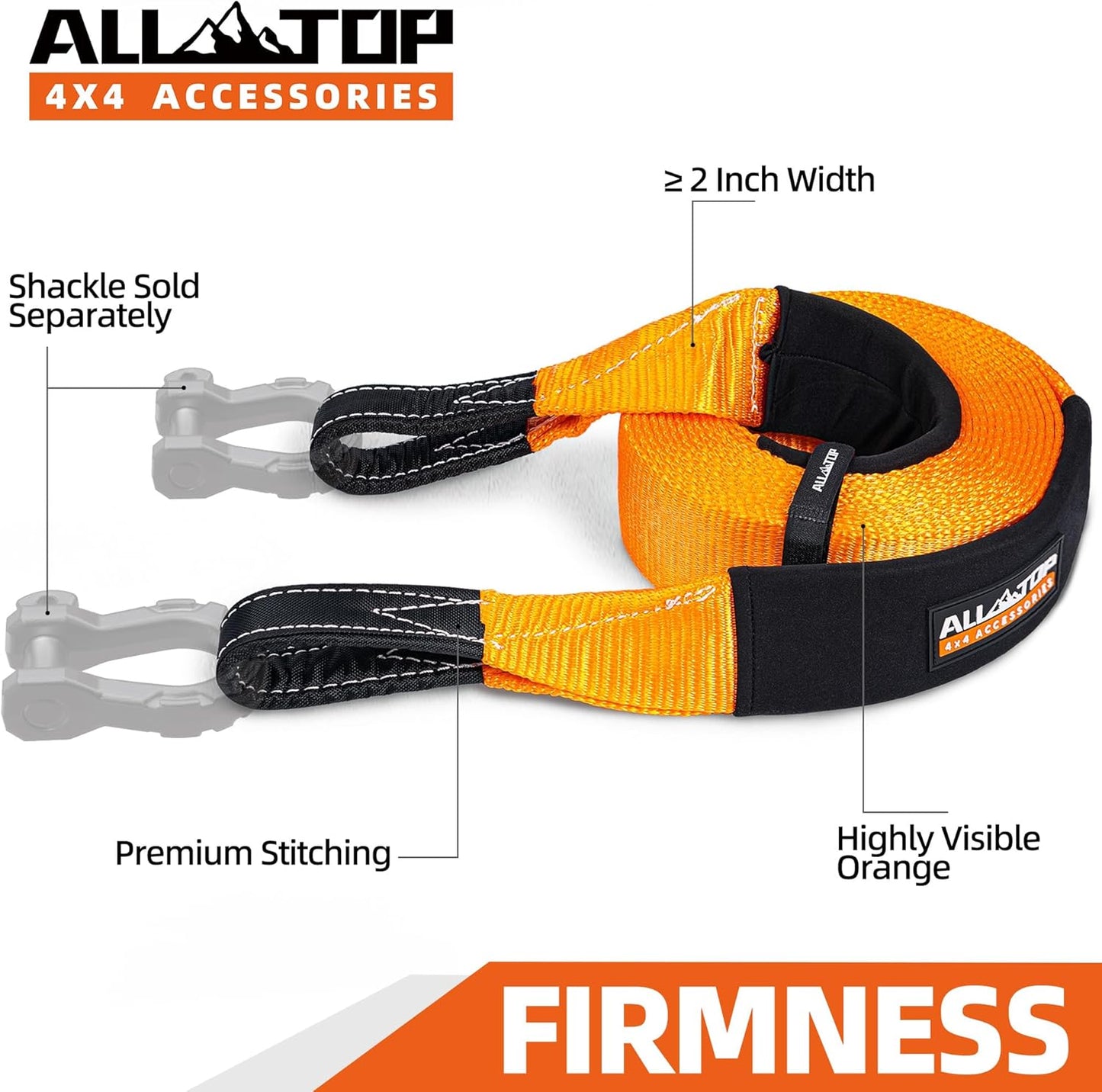 ALL-TOP Recovery Snatch Strap, 4in x 30ft - 46500Lbs, Extreme Duty 100% Nylon Kinetic Towing Recovery Strap with 22% Elongation & Reinforced Loops