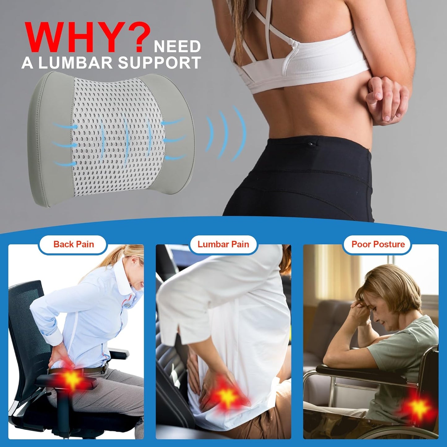 Memory Foam Lumbar Support Cushion Relieves Lower Back Pain for Car, Office Chair, and Wheelchair Use, 4D Mesh Cover, Gray