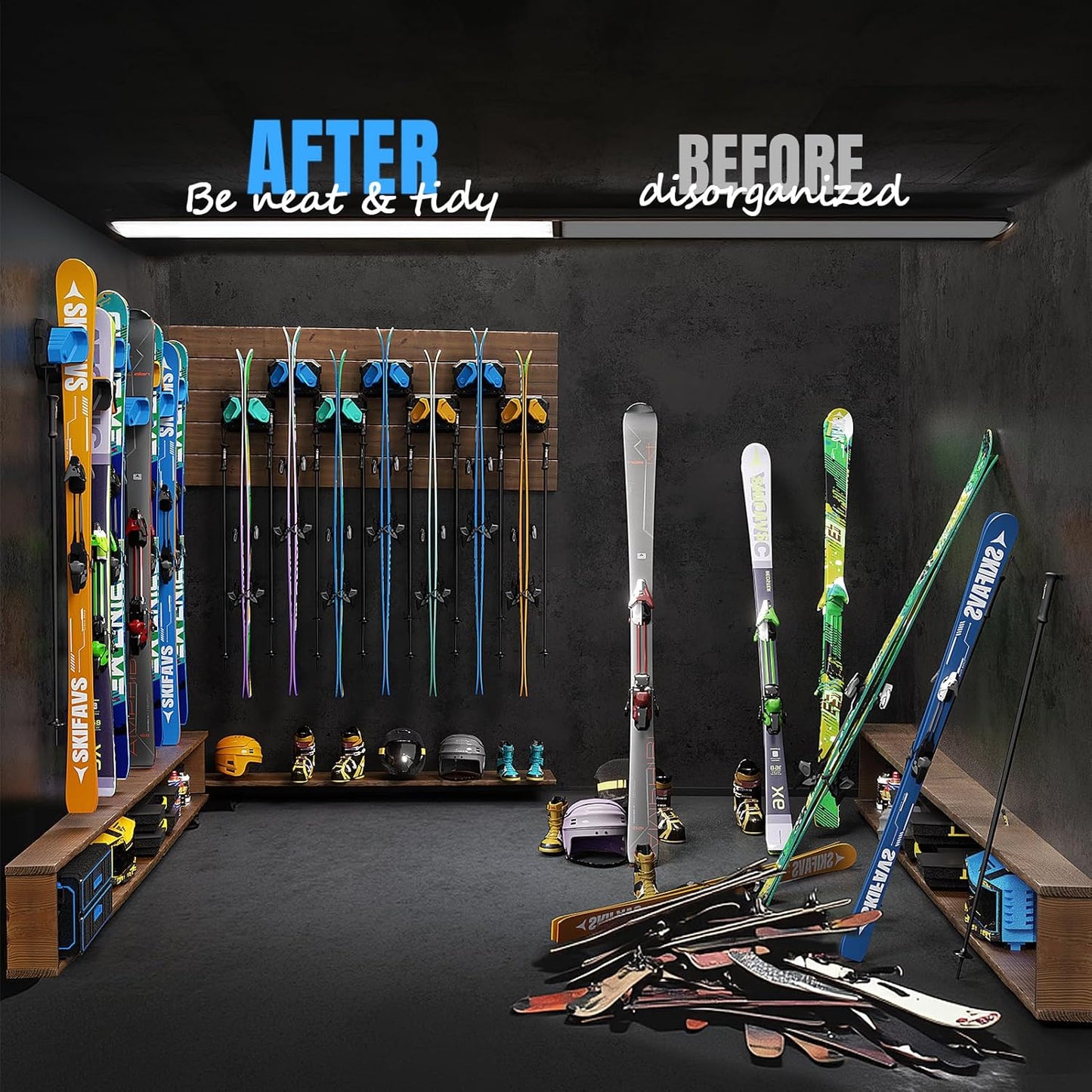 Ski & Snowboard Wall Rack for Garage - Fits Any Ski/board, Damage-Free Storage, Blue, 4 Pack