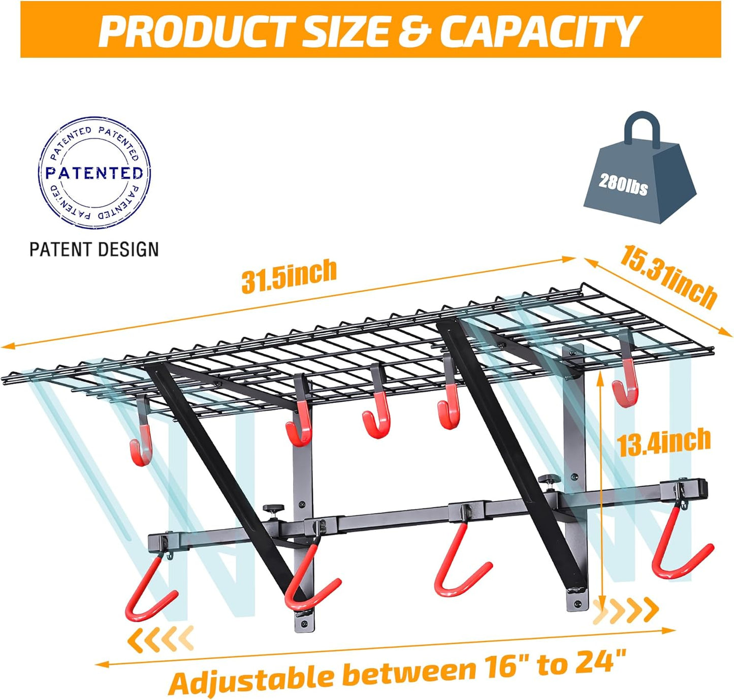 PLKOW Garage Wall Shelving, Wall Mount Bike Storage Rack with 8 Adjustable Bike Hooks, Heavy-Duty Bike Rack for Garage, 280 Lbs Load Capacity, 2-Pack