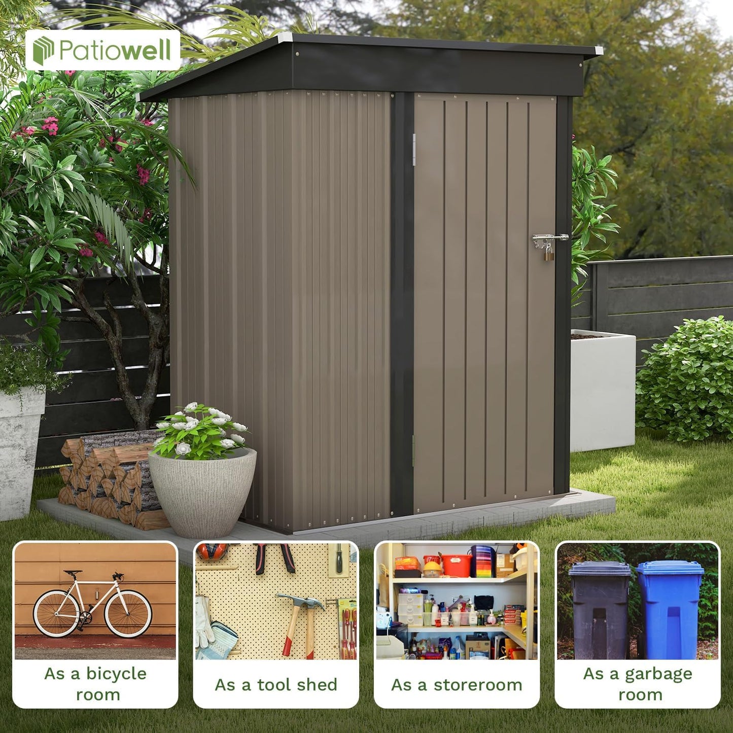 Patiowell 5x3 FT Outdoor Storage Shed, Tool Shed with Sloping Roof and Lockable Door, Metal Shed for Backyard Garden Patio Lawn, Brown