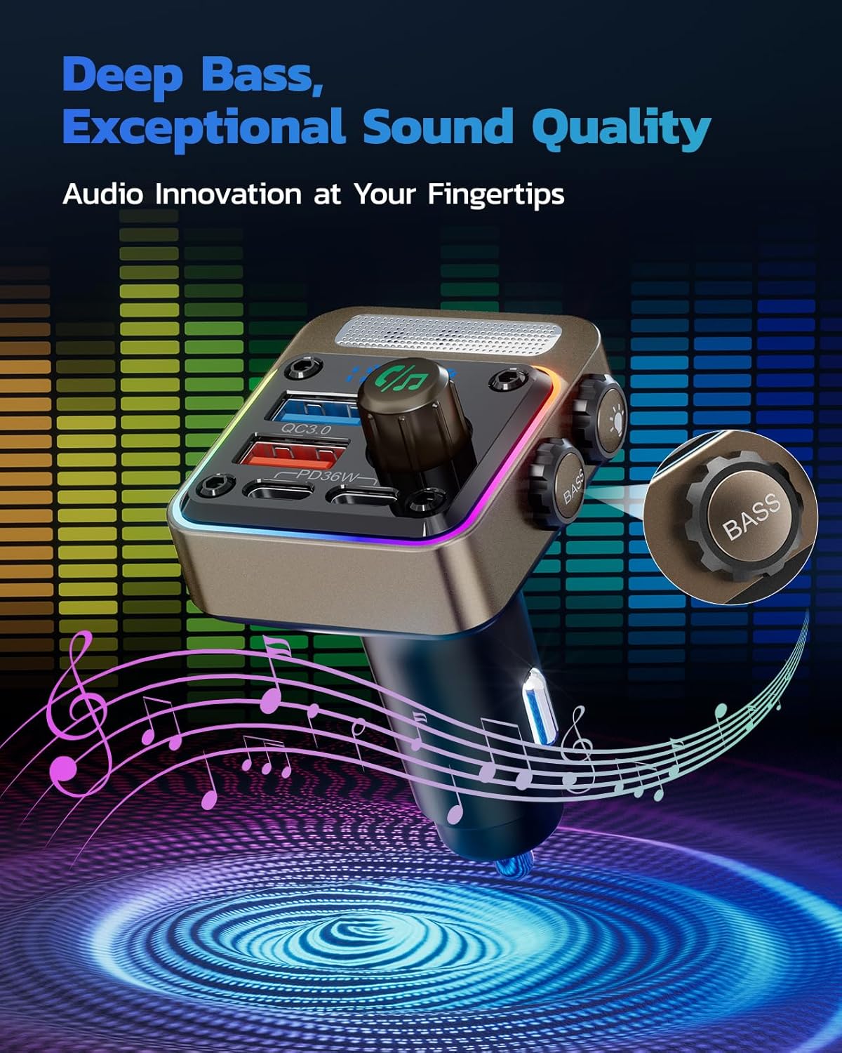 Nulaxy 54W Bluetooth 5.3 Car Adapter with 4 Charging Ports [PD 36W & QC3.0 18W], Wireless Radio FM Transmitter with Deep Bass Player & 5 Colors LED Backlit, Hands-Free Calling - Gold