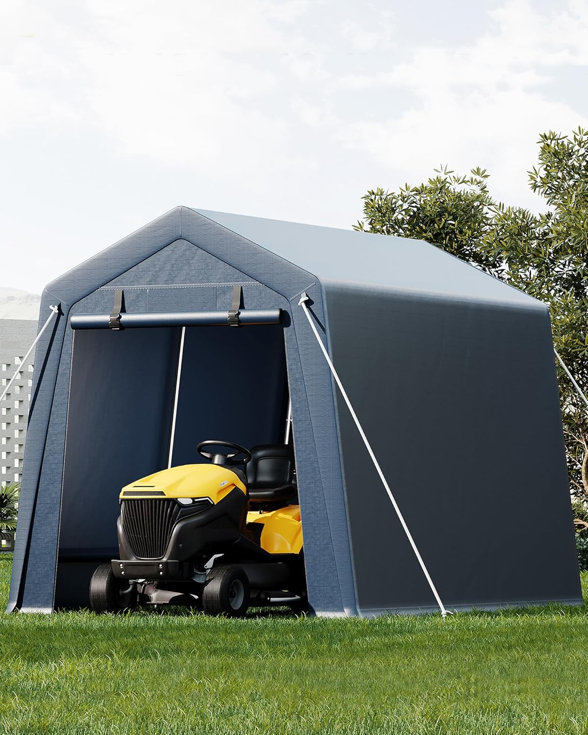 7*12F Outdoor Storage Shed with Floor, Heavy Duty Waterproof PE Tarp, Portable Metal Carport Garage Tent, 2 Roll-Up Doors & Vents, for Motorcycle and Bike Storage, Garden Tool Shed, Small Outdoor Shed