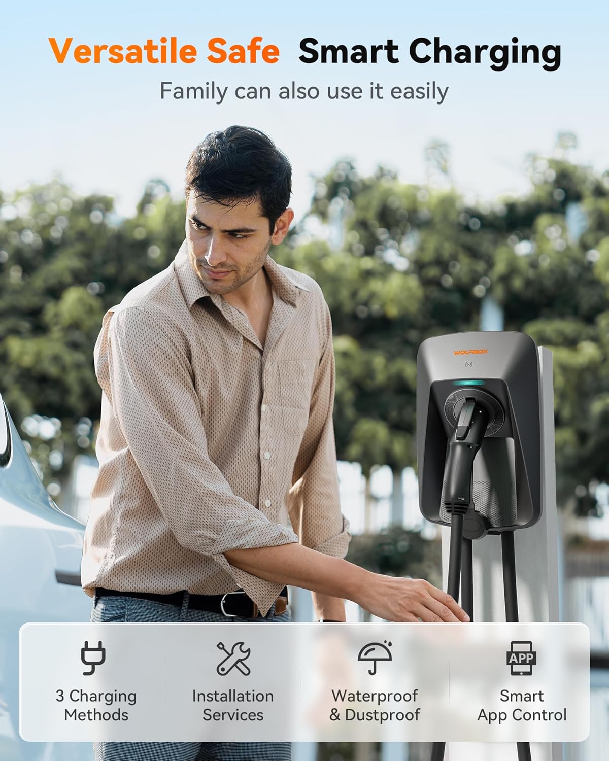 WOLFBOX Level 2 ev Charger 50 Amp J1772,Hardwired ev Charger Level 2 with NEMA 14-50 Plug 25ft Cable,Smart APP&RFID Card Control,240V Electric Vehicle Charging Station for Electric Automobile(WE50)