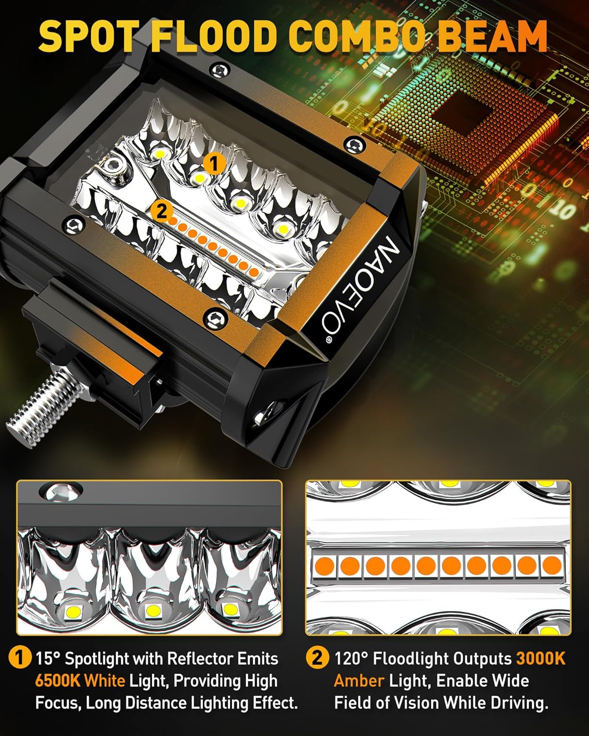 NAOEVO 4 Inch LED Pod Lights, White Amber LED Fog/Driving/Offroad Lights Strobe/Memory Mode and 2 Leads Wiring Harness, Cube Pods for Truck Boat ATV UTV, 2 Pcs (6 Modes)