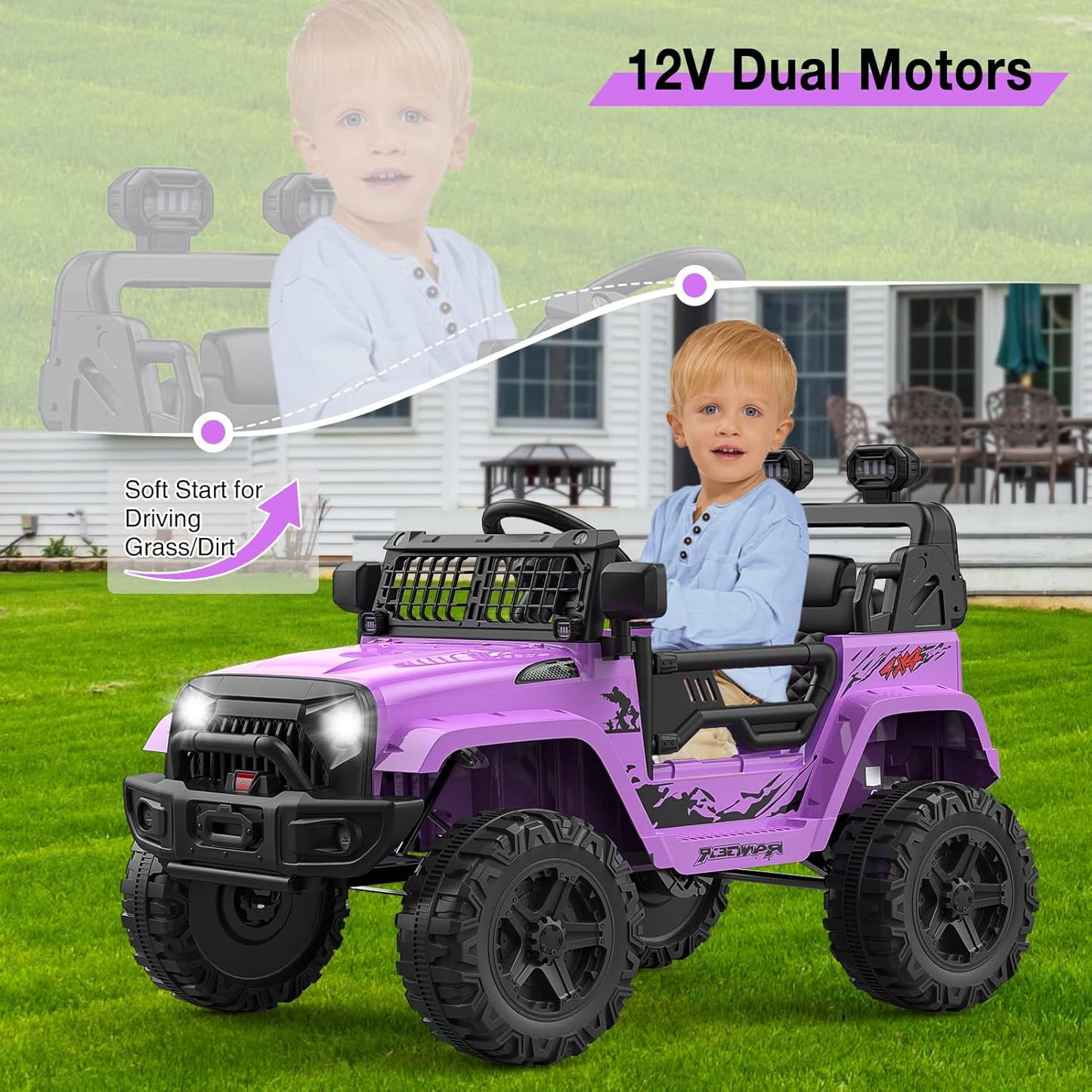 12V Kids Electric Ride On Truck Car w/Parent Remote Control, Spring Suspension, LED Lights & AUX Port | Outdoor Ride Toy for Boys Girls