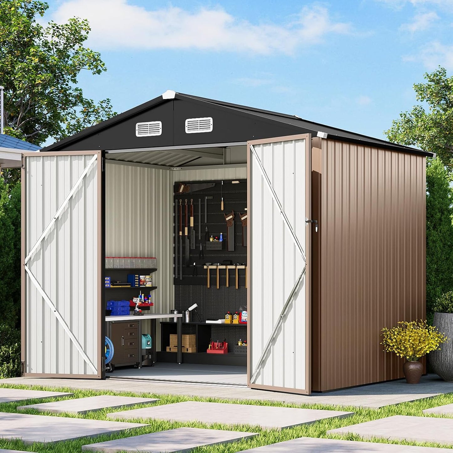 8x6 FT Outdoor Storage Shed with Floor & Lockable Double Doors, Heavy-Duty Galvanized Steel Outdoor Metal Shed for Bike, Tool, Generator Storage in Backyard, Patio (8’x6’, Floor)