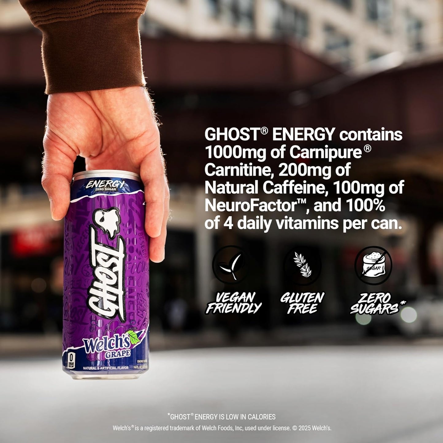 GHOST Energy Drink - 12-Pack, Welch's Grape, 16oz Cans - Energy & Focus & No Artificial Colors - 200mg of Natural Caffeine, L-Carnitine & Taurine - Gluten-Free & Vegan