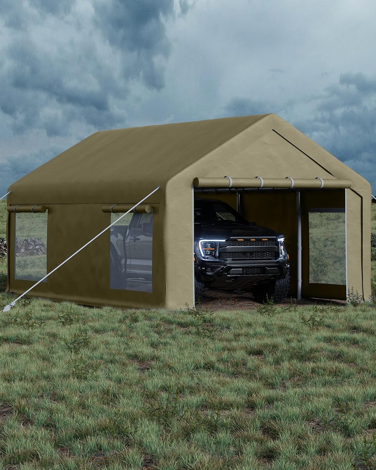 13x20 Ft Carport with 8 Sandbags, Car Port with 220g PE Tarp, 2 Roll-Up Doors, and 4 Windows, for Full-Size Pickups, Bass Boats, Tractors, and SUVs, Khaki