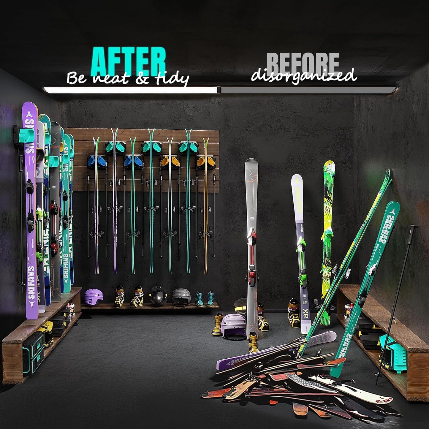 Ski & Snowboard Wall Rack for Garage Wall Fits Any Ski/board, Ski Wall Mount Holders Damage-Free Storage Rack, Garage Organization Space-Saving Winter Gear Organizer, Green, 4 Pack