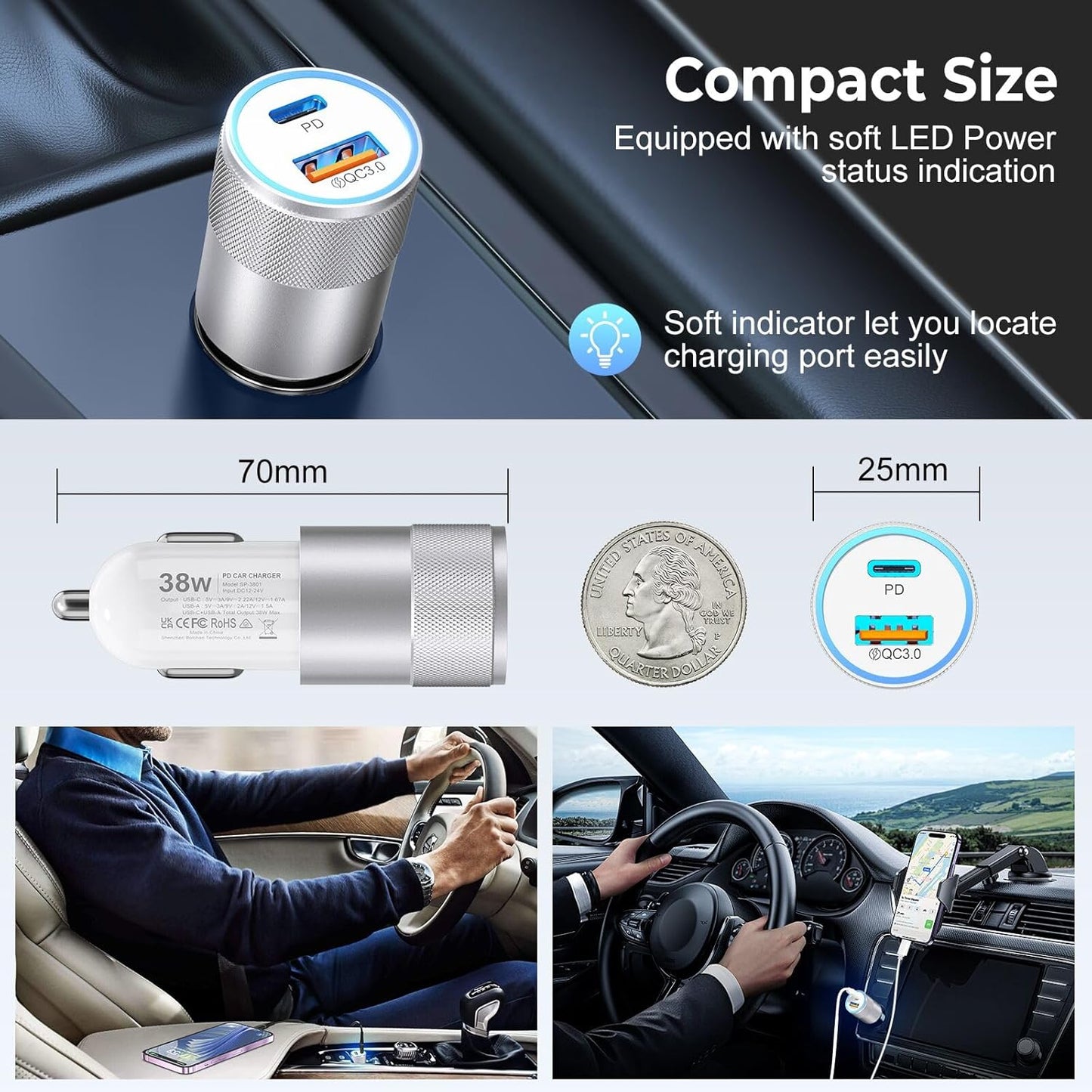 3-Pack Car Charger, Ancekoy 38W Dual Port Fast Charge PD & QC 3.0 Car Adapter Cigarette Lighter USB Plug for iPhone 16/15/14/13 Pro Max, iPad, Galaxy S25/S24/S23 and More (White)
