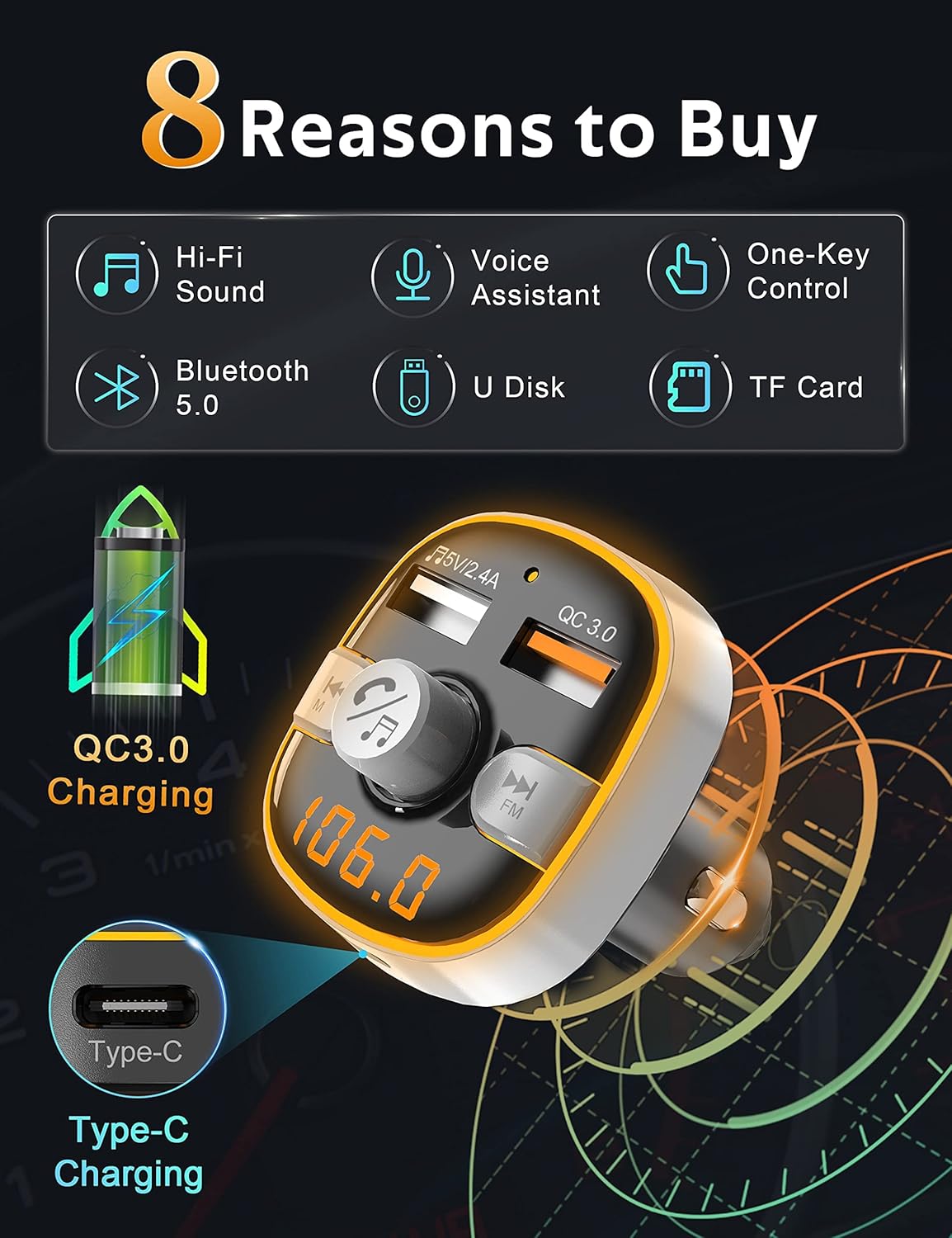 Arsvita Bluetooth FM Transmitter for Car, Radio Receiver/Audio Adapter with Type-C PD Charger, Support QC3.0 Quick Charging, Hands-Free Calling and Hi-Fi Sound Playback, Silver