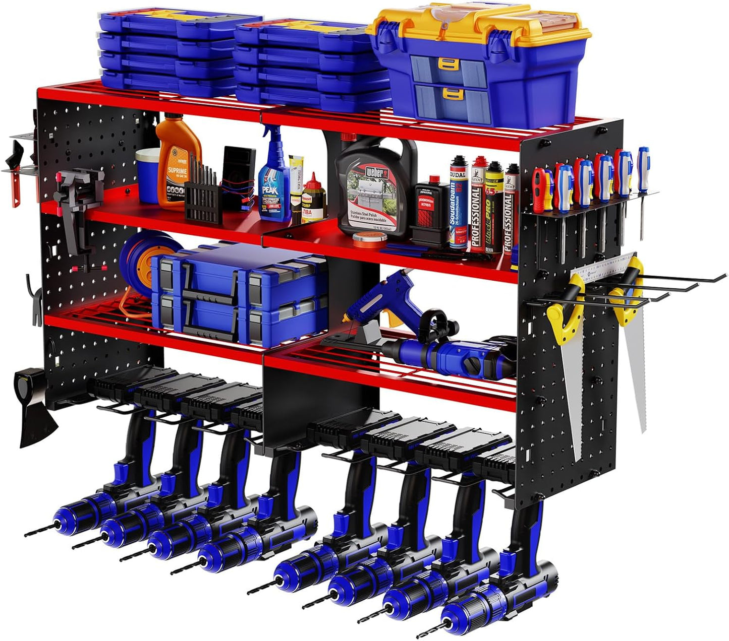 FAHKNS Power Tool Organizer Wall Mount, 4 Layer Heavy Duty Metal Tool Storage Rack, Garage Wall Organizers with 8 Drill Holder Screwdriver Holder, Cordless Tool Organizer for Garage Workshop Shed