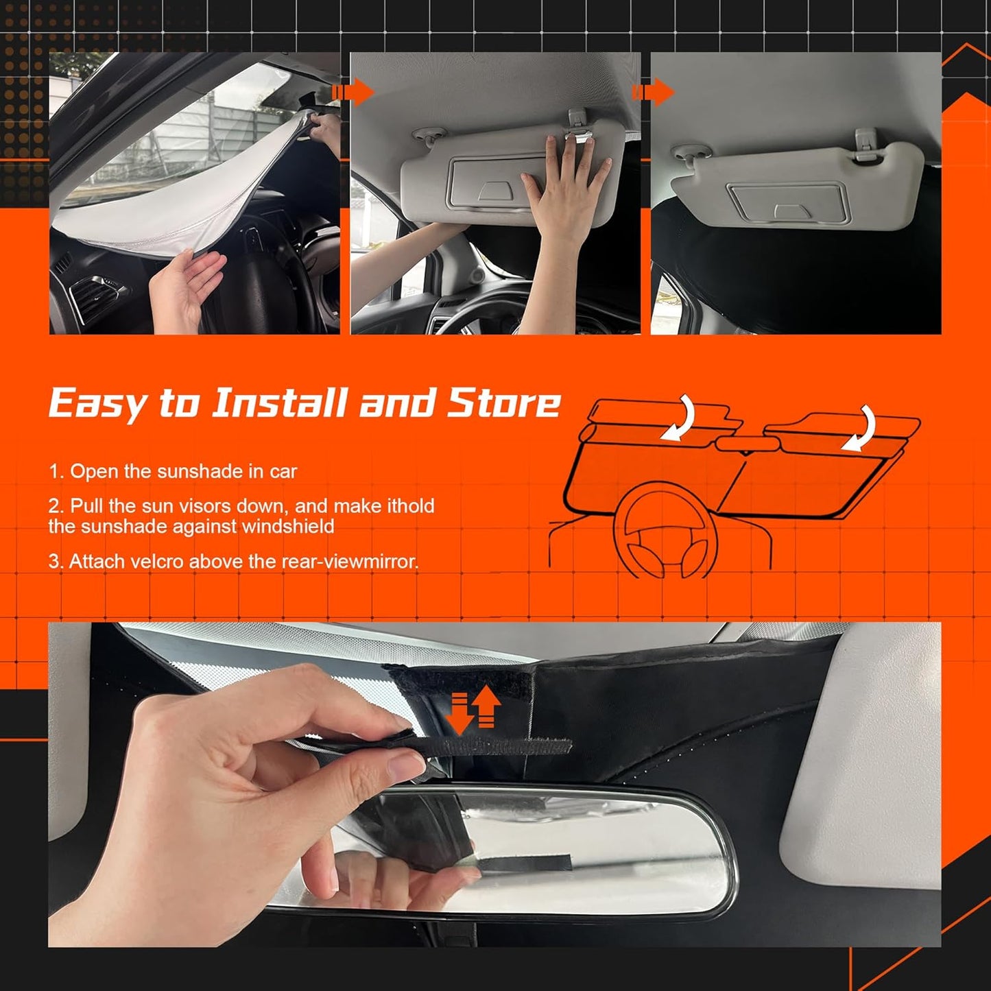 Custom Fit Windshield Sun Shade for Ford Explorer 2011-2019 - Full Coverage, 210T Reflective Fabric, Double-Layer Design - Blocks 99% UV Rays, Keeps Car Cool, Easy to Install and Store