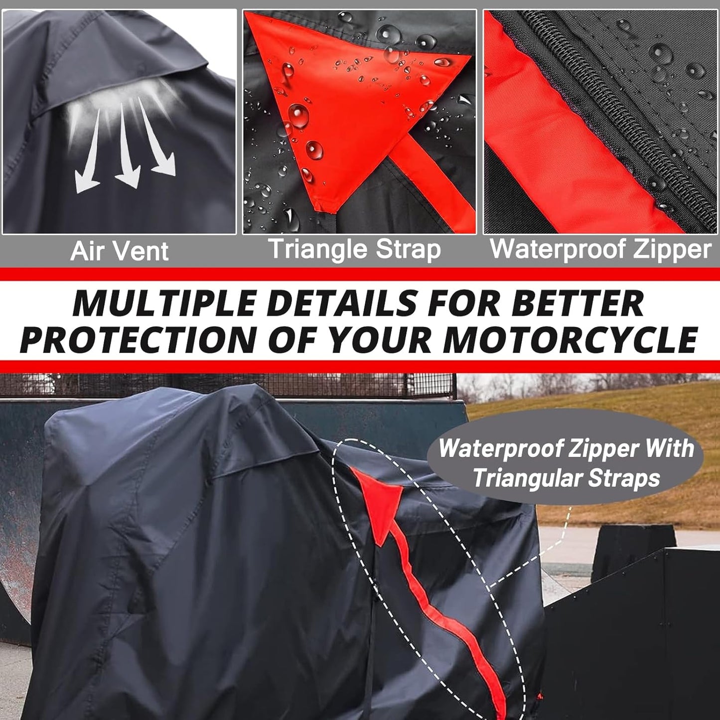 Motorcycle Cover,Waterproof Zipper Outdoor Cover for All Seasons Windproof, High Heat Resistance Dustproof and Rainproof Snowproof(Red Zipper XXXL Fits Up to 116 inch)