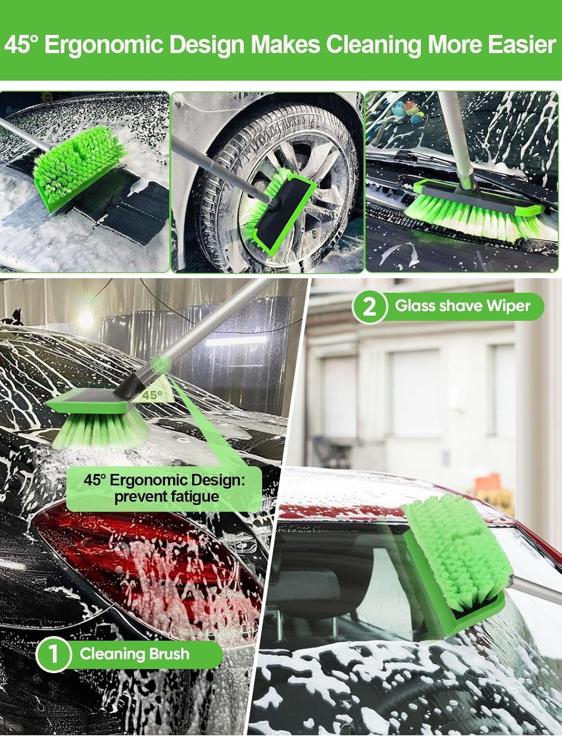 2 in 1 Car Wash Brush with Squeegee PBT Soft Bristle Truck Scrub Detail Brush 60” 151cm with Adjustable Long Handle for Interior Exterior Car Truck RV Boat Deck House Siding Cleaning Sweep Snow