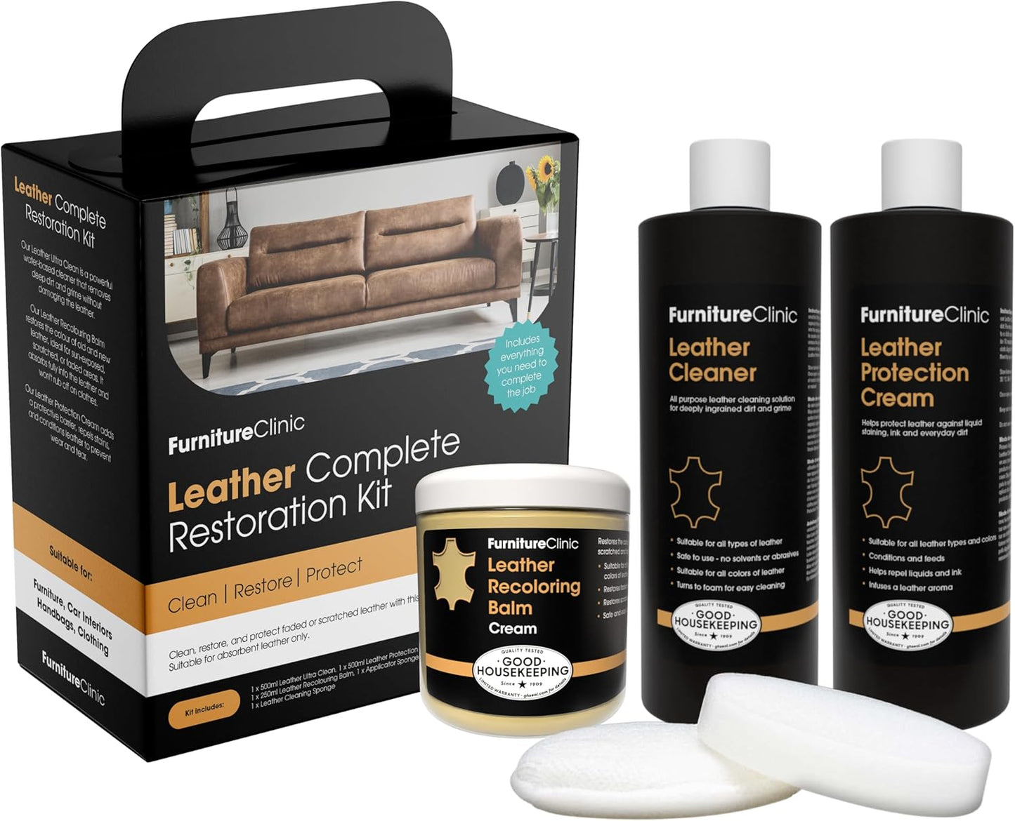 Furniture Clinic Leather Complete Restoration Kit | with Leather Recoloring Balm, Cleaner, 2-in-1 Protection Cream & Conditioner, Sponge, and Cloth | Repair Kit for Furniture (Cream)
