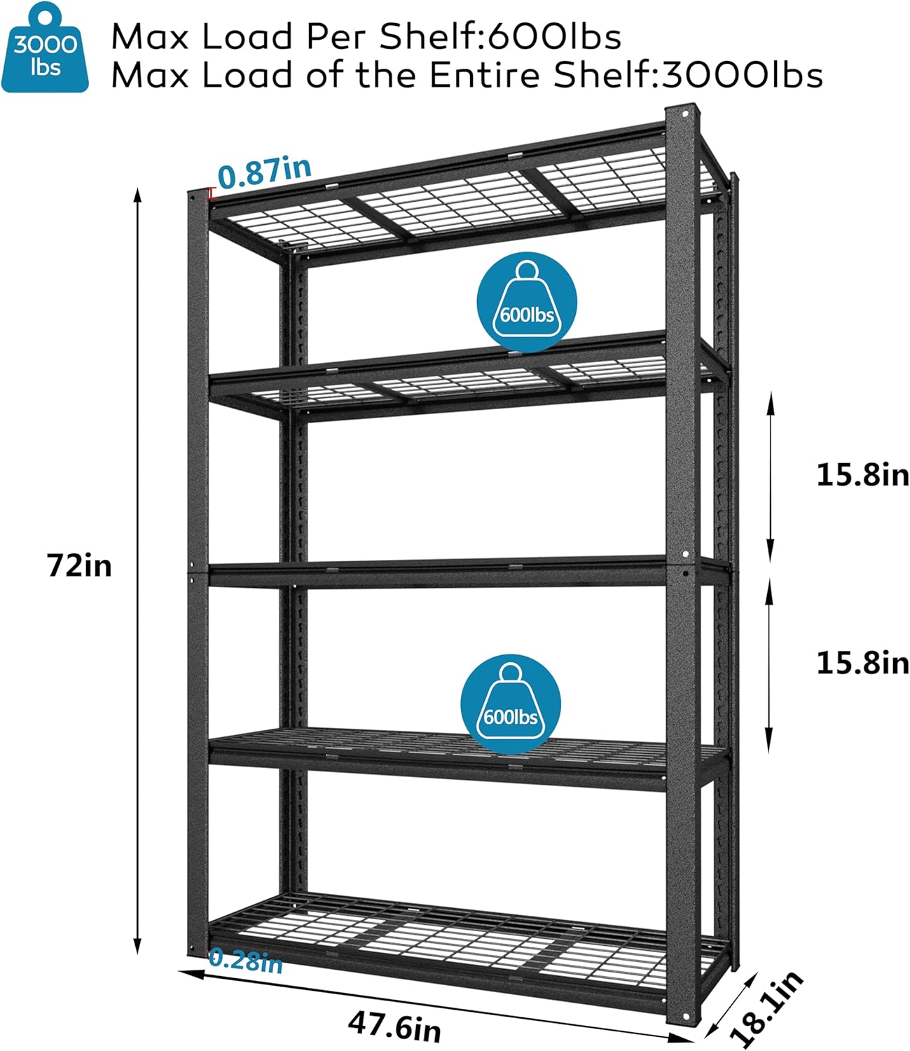 MUPATER 72" H x 47.6" W x 18.1" D Metal Storage Shelves, 5 Tier Shelves and Adjustable Shelves, Garage Shelving Unit, Standing Utility Rack for Warehouse Kitchen